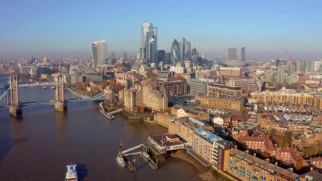 South London Aerial City View around Waterloo, Tower Bridge, Greenwich and Canary Wharf Skyline 4K Ultra HD