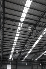 Warehouse metal roofing, Large steel roof structure, bottom view with skylight translucent roof.