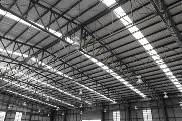 Warehouse metal roofing, Large steel roof structure, bottom view with skylight translucent roof.