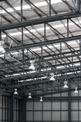 Warehouse metal roofing, Large steel roof structure, bottom view with skylight translucent roof.