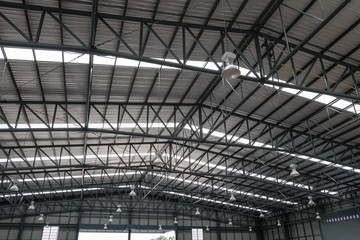 Warehouse metal roofing, Large steel roof structure, bottom view with skylight translucent roof.