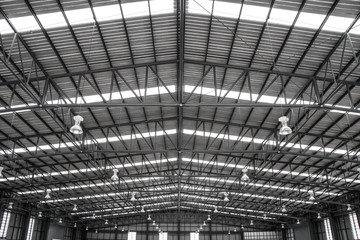 Warehouse metal roofing, Large steel roof structure, bottom view with skylight translucent roof.