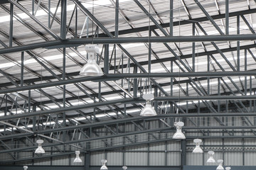 Warehouse metal roofing, Large steel roof structure, bottom view with skylight translucent roof.