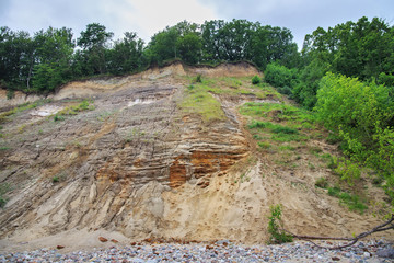 View of the clay-sand bluff wall near Baltic Sea coast.