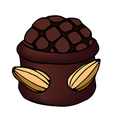 chocolate candy or cake basket with almonds, festive dessert, color vector illustration with black contour lines isolated on white background in clip art and hand drawn style