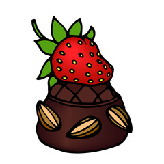 chocolate candy with strawberries and almond nut ornament, color vector illustration with black contour lines isolated on white background in clip art and hand drawn style