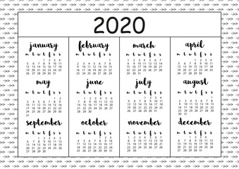 2020 calendar with hand drawn monochrome, sketched elements, A4 format, printable page for notebook, organiser, book.