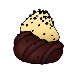candy or cream cake sprinkled with chocolate chips, festive dessert, color vector illustration with black contour lines isolated on white background in clip art and hand drawn style