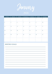 Year 2020 January planner, monthly planner calendar for January 2020 , trendy colour palette.