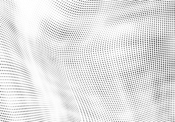 Abstract halftone texture. Chaotic waves of dots. Black and white background