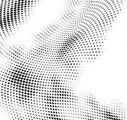 Abstract halftone texture. Chaotic waves of dots. Black and white background