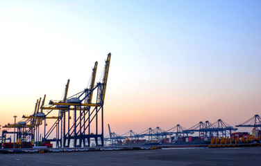 Obraz premium Harbor container lifting cranes Import products and export to foreign countries.