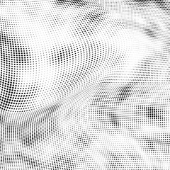 Abstract halftone texture. Chaotic waves of dots. Black and white background