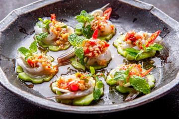 Shrimp in fish sauce, shrimp in fish sauce, hot and spicy, seafood Thai (spicy salad shrimp in fish sauce) , Thai spicy salad
