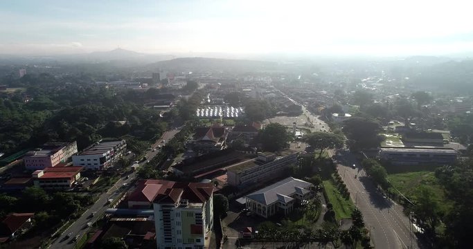 Aerial 4k view town of Kulim, Kedah, Malaysia. The Kulim District is a district and town in the state of Kedah, Malaysia. It is located on the southeast of Kedah, bordering Penang.