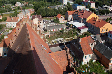 Aeral view of the old shabby historic buildings in center of Pravdinsk, Kaliningrad Oblast, Russia. Pravdinsk (german name of town is Friedland) was founded in 1312. Is located 53 km. of Kaliningrad.