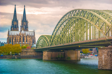 Aerial view of the cathedral in Cologne and Hohenzollern bridge over Rhein, Germany
