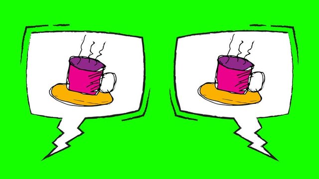 cartoon coffee in the speech bubble. editable green screen or chroma key. used for visualization of imagination, chat, zoom in, funny videos