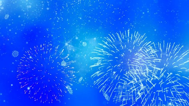 Looped abstract blue Christmas background with snowflakes and fireworks