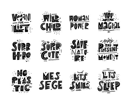 Cute Motivation phrases collection set. Hand drawn vector illustration in cartoon style. Black ink.
