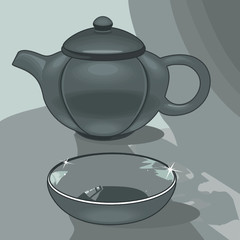 set ceramic bowl and teapot in gray colors with shadows, color vector illustration