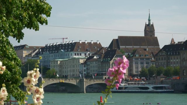basel city center sunny summer day river flowers bay panorama 4k switzerland