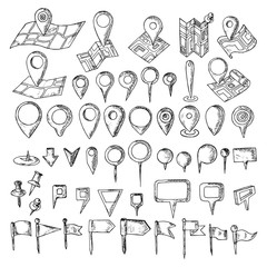 Hand-drawn set of map pins. Isolated objects on a white background. Vector cartoon doodles. Flags, pins and markers for location designation.