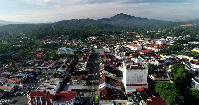Aerial 4k view town of Kulim, Kedah, Malaysia. The Kulim District is a district and town in the state of Kedah, Malaysia. It is located on the southeast of Kedah, bordering Penang.