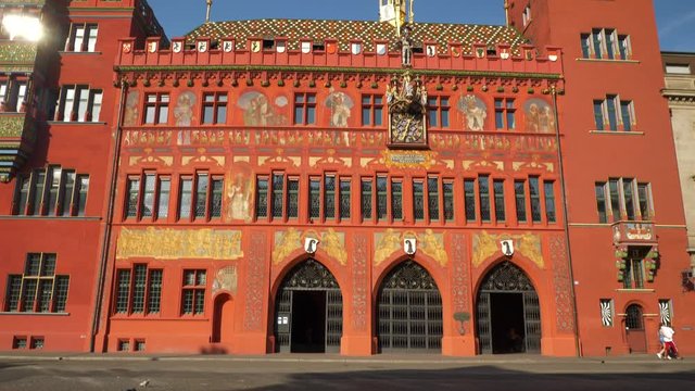 sunset sunny day basel city famous town hall square front slow motion panorama 4k switzerland