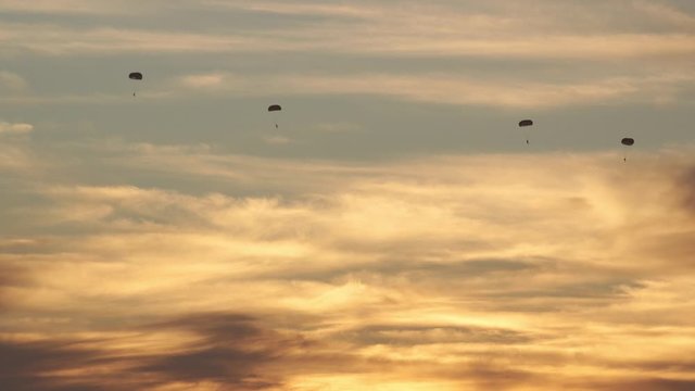 Army soldiers (paratroopers) parachute from aircraft over the Australian Ocean