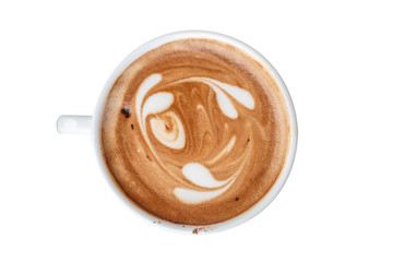 Hot latte art coffee heart shape with clipping path in a white cup on white background