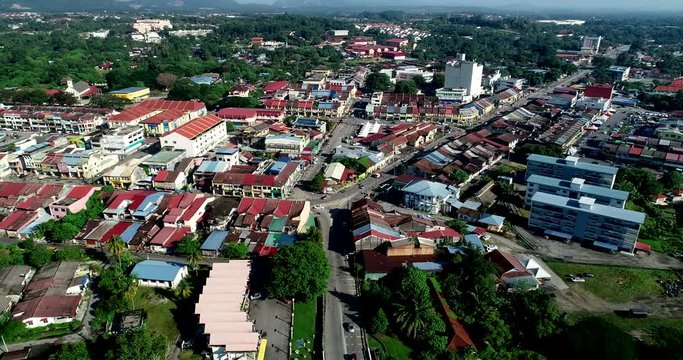 Aerial 4k view town of Kulim, Kedah, Malaysia. The Kulim District is a district and town in the state of Kedah, Malaysia. It is located on the southeast of Kedah, bordering Penang.