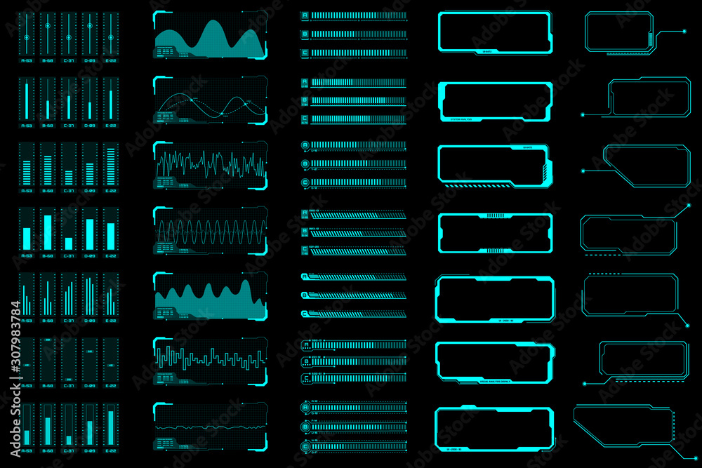Aufkleber HUD Virtual Futuristic Call Out Equalizer Frame Infographic Chart Elements Set Vector. Green Object Abstract Graphic For User Interface Control Panel Game Apps Illustration.