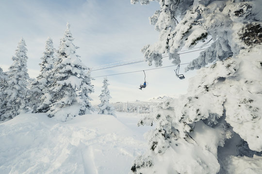 ski lift behind Frozen snow cowered trees, mountains landscape in ski resort