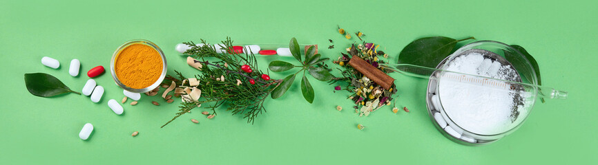Alternative herb medicine. Herbal medicine and homeopathy concept.Top view, flat lay on color background