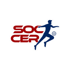 Obraz premium Soccer player kicks the ball. Sport Vector illustration with the soccer text and with soccer player below. Soccer logo, icon, mobile, website design template isolated on white background.