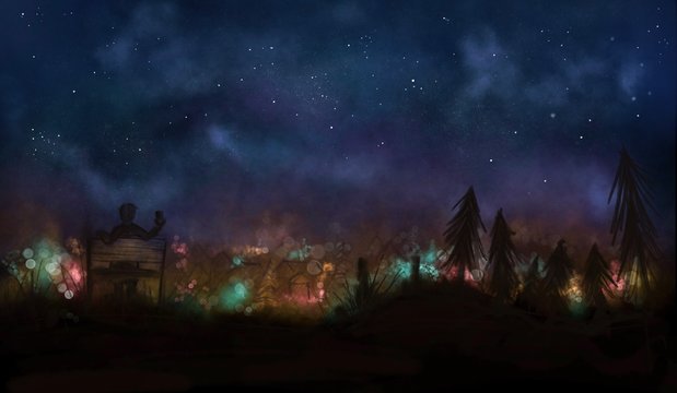 Digital paint illustration of silhouette of a man is drinking beer at hill with bokeh light of town in night time under starry night sky