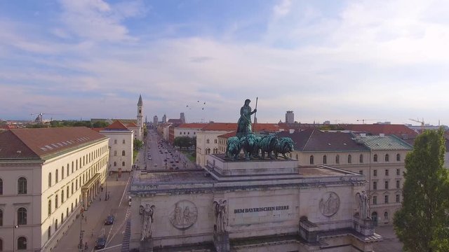 Very good aerial over the Siegestor Victory Arch in Munich, Bavaria, Germany.