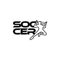 Soccer or football vector illustration. Sport Logo with soccer text and soccer player figure isolated on white background. Vector design template for soccer championship or competition design element.