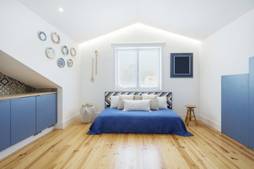 Modern apartment interior design in blue colours,  small and cozy bed room with kitchen Portuguese...