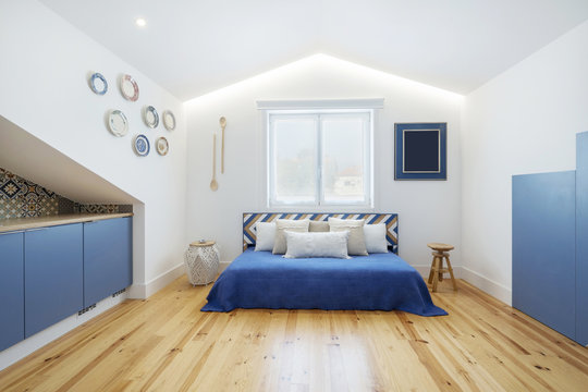 Modern apartment interior design in blue colours,  small and cozy bed room with kitchen Portuguese style