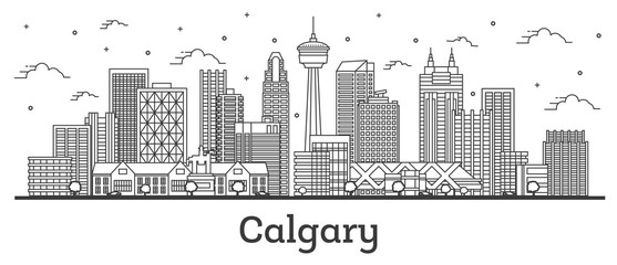 Obraz premium Zarys panoramę miasta Calgary Kanada z nowoczesnych budynków na białym tle.