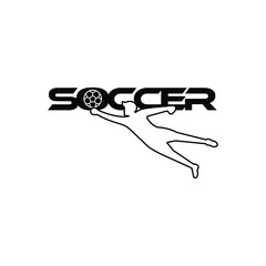 Soccer vector illustration of a silhouette soccer or football player isolated on white background. Sport Logo with soccer text and player figure. Soccer vector for icon, logo, app, symbol.