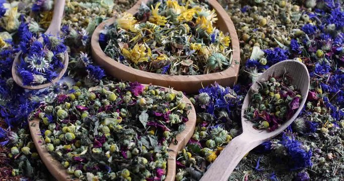Various herbal tea. Top view. Rotate