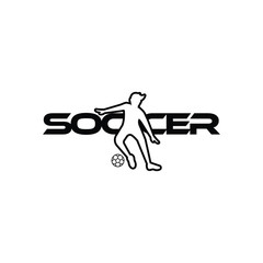 Soccer vector illustration of a silhouette soccer or football player isolated on white background. Sport Logo with soccer text and player figure. Soccer vector for icon, logo, app, symbol.