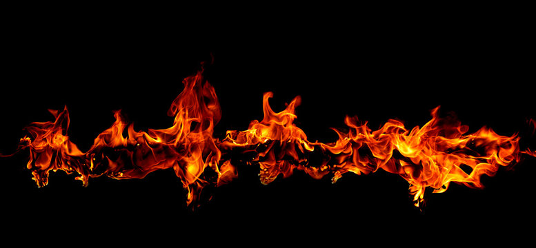 Fire flames on abstract art black background, Burning red hot sparks rise
