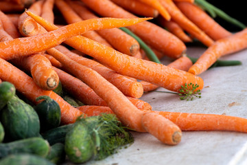Freshly harvested carrots and cucumbers for sale at a local farmers market