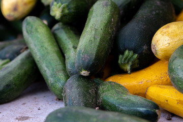 Close up image of zuccini fruit for sale at a local farmers market