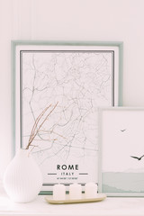 Interior decor in white color. Stylized old map of Rome.