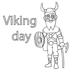cartoon viking with ax, shield and beard. White background isolated vector illustration